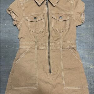 Brown Short Sleeve Zip-Up Jumpsuit Petite